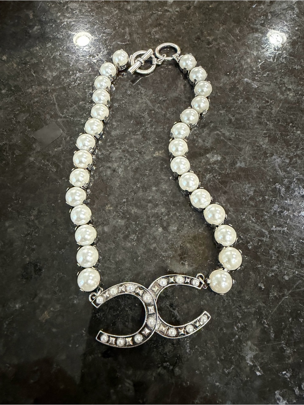 Pearl Beaded Necklace with Crystal Interlocking Horseshoes